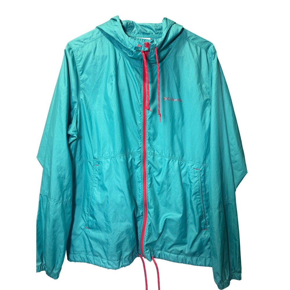 Columbia Teal/Turquoise Zip Up Windbreaker Jacket with Bright Zipper/String Ties